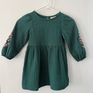 Cat & Jack Forest Green Dress with Floral Sleeve Embroidery